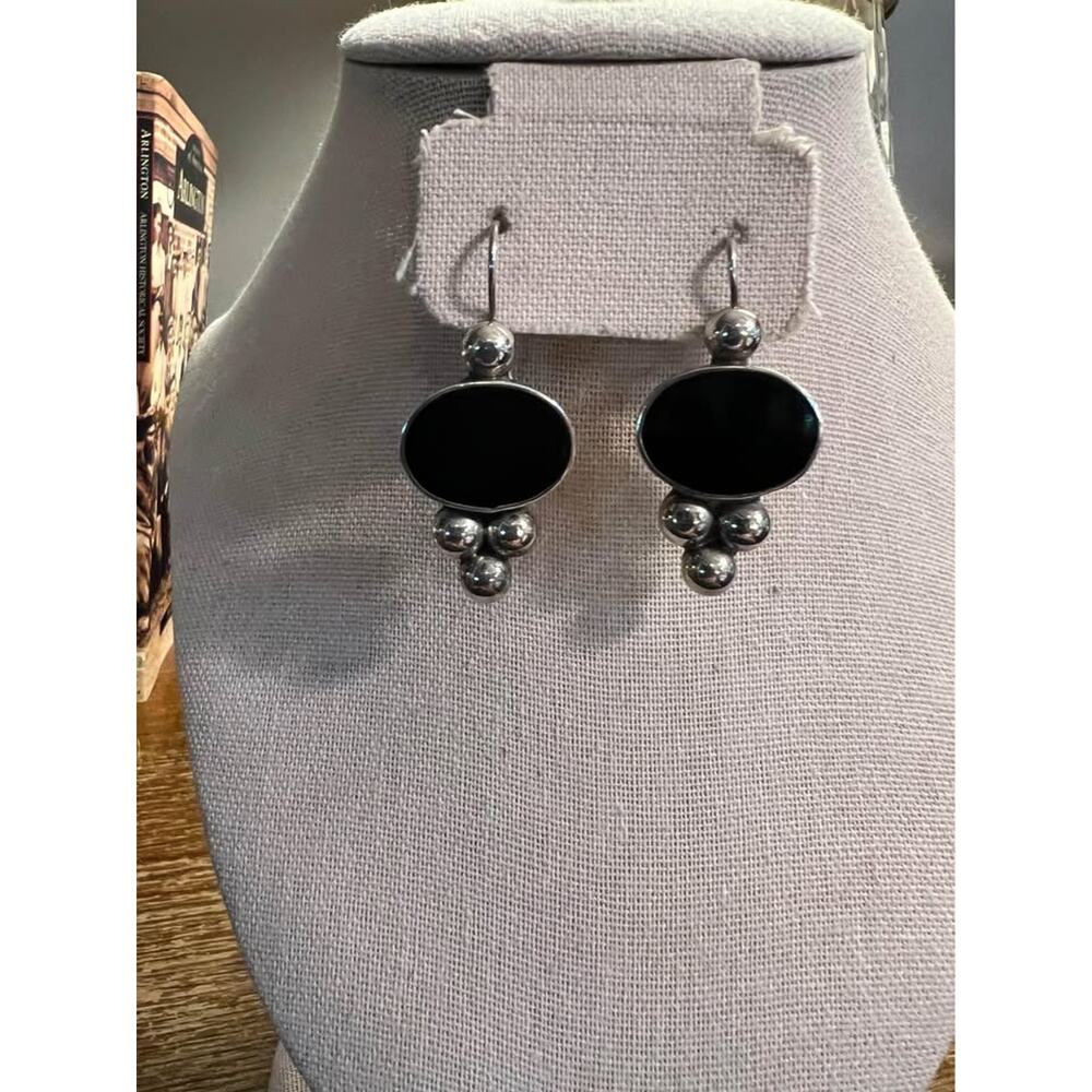 Taxco, Sterling silver and onyx earrings. 2 inch drop
